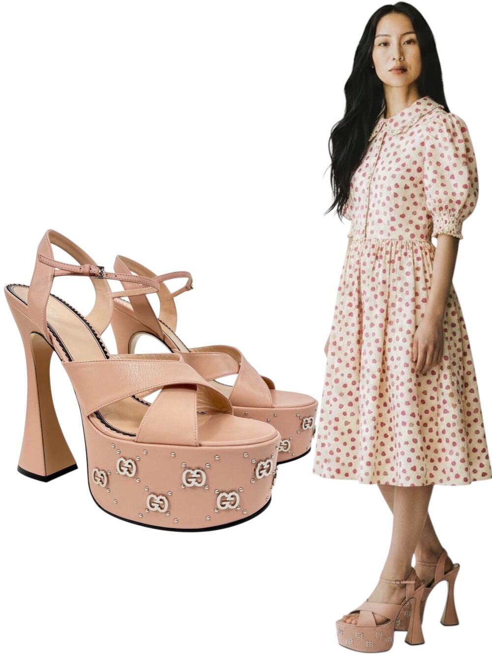 New Gucci Interlocking GG Studded Platfrom Sandals Leather Pink Size 42